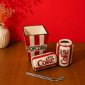 Handmade ceramic movie night set — striped popcorn bucket with 2 cola can cups and straws