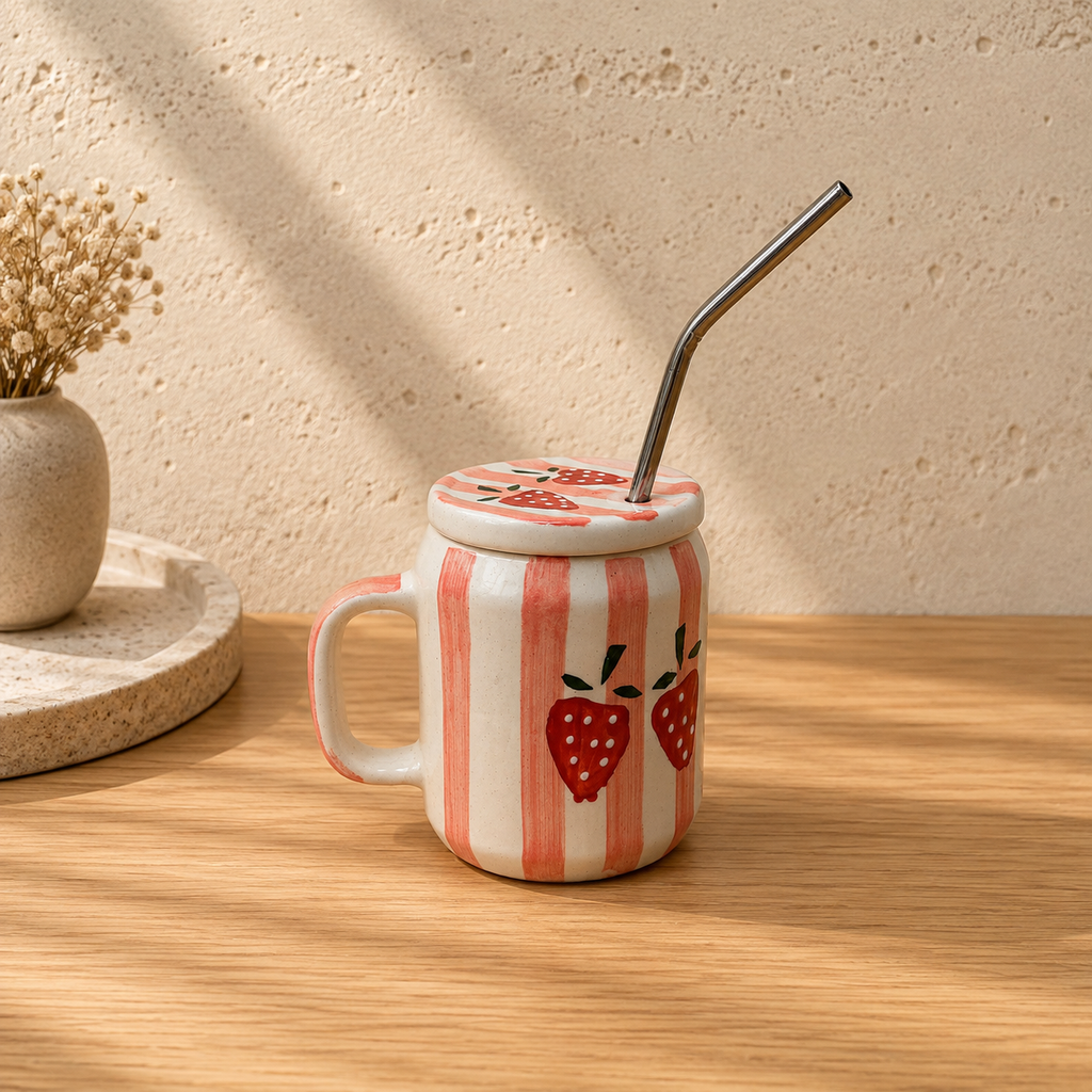 Handmade strawberry mug with ceramic lid and metal straw, hand-painted pink stripes and strawberries on a wooden table