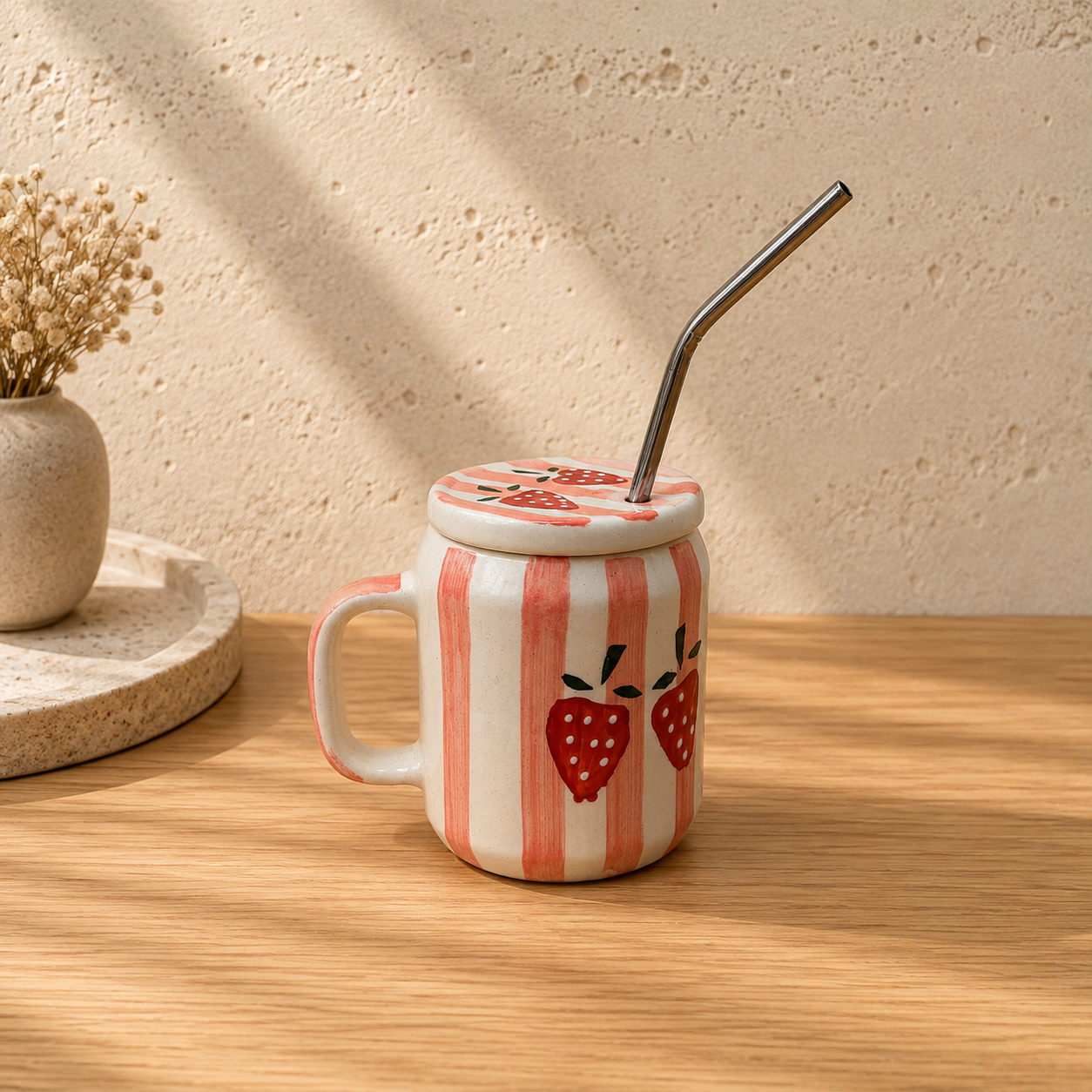 Handmade strawberry mug with ceramic lid and metal straw, hand-painted pink stripes and strawberries on a wooden table